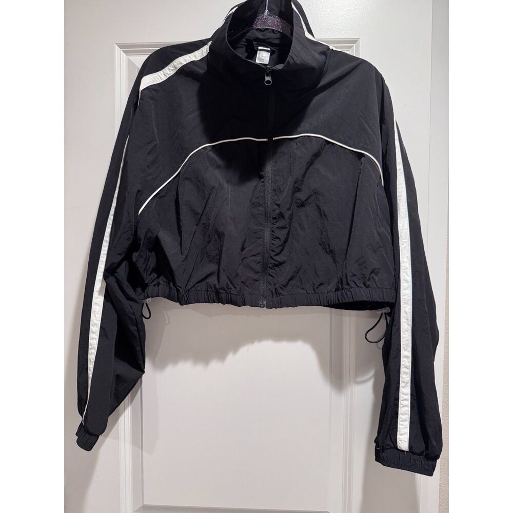 H&M Divided L Black White Cropped Windbreaker Track Jacket Y2K